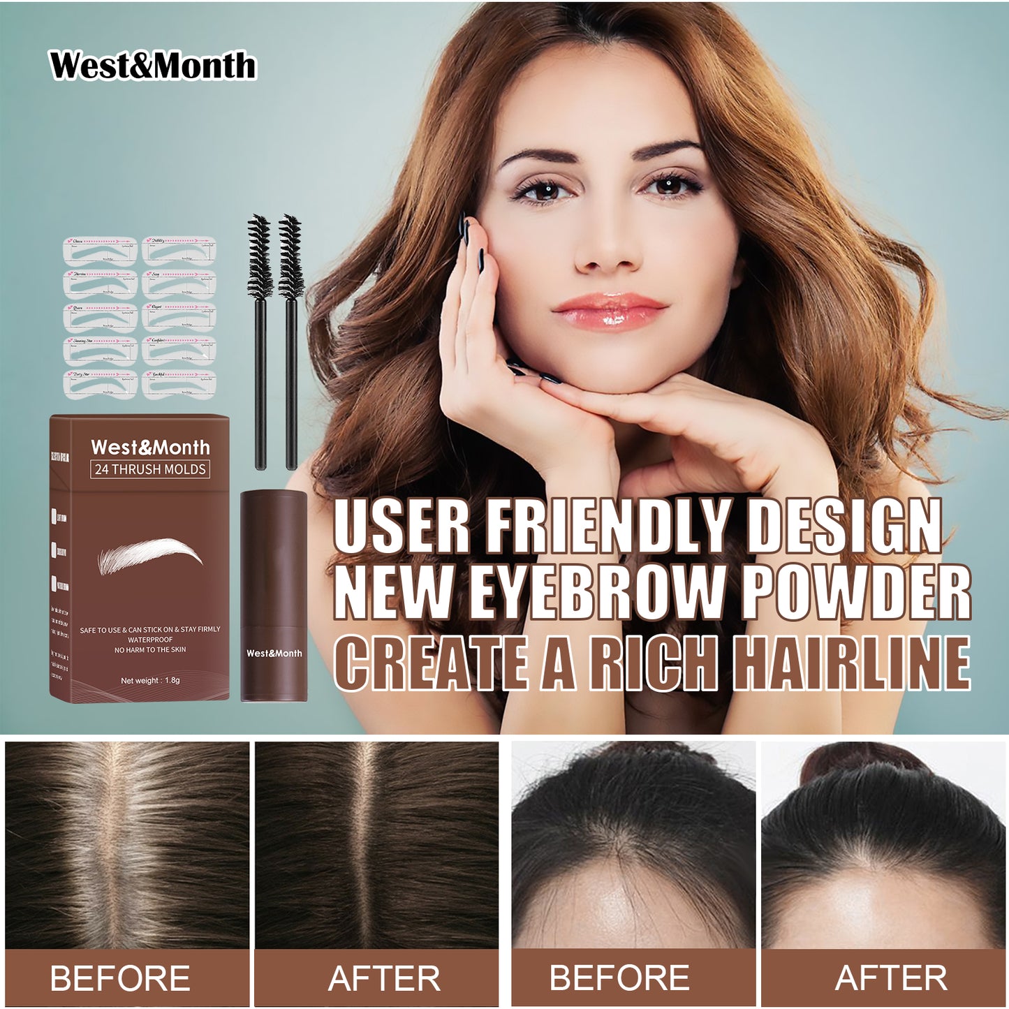West&month 24 Thrush Molds, Lazy Brow Print Eyebrow Powder Set Durable Waterproof, Sweat Resistant, Makeup Free And Smudge